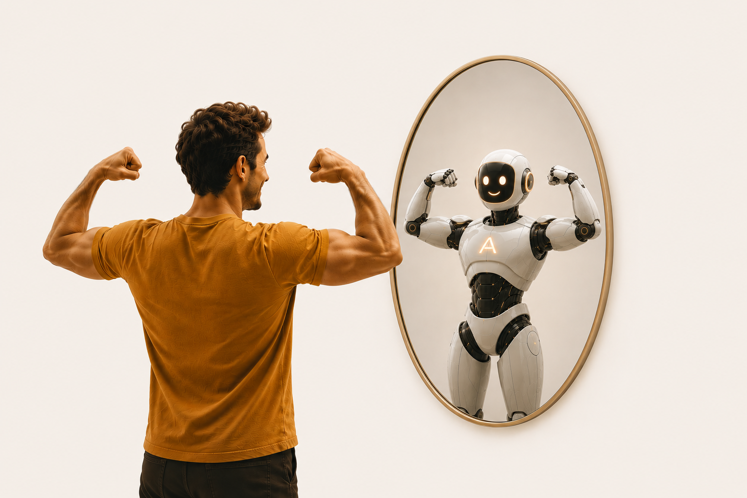 A person flexing in front of a mirror reflecting a powerful AI robot