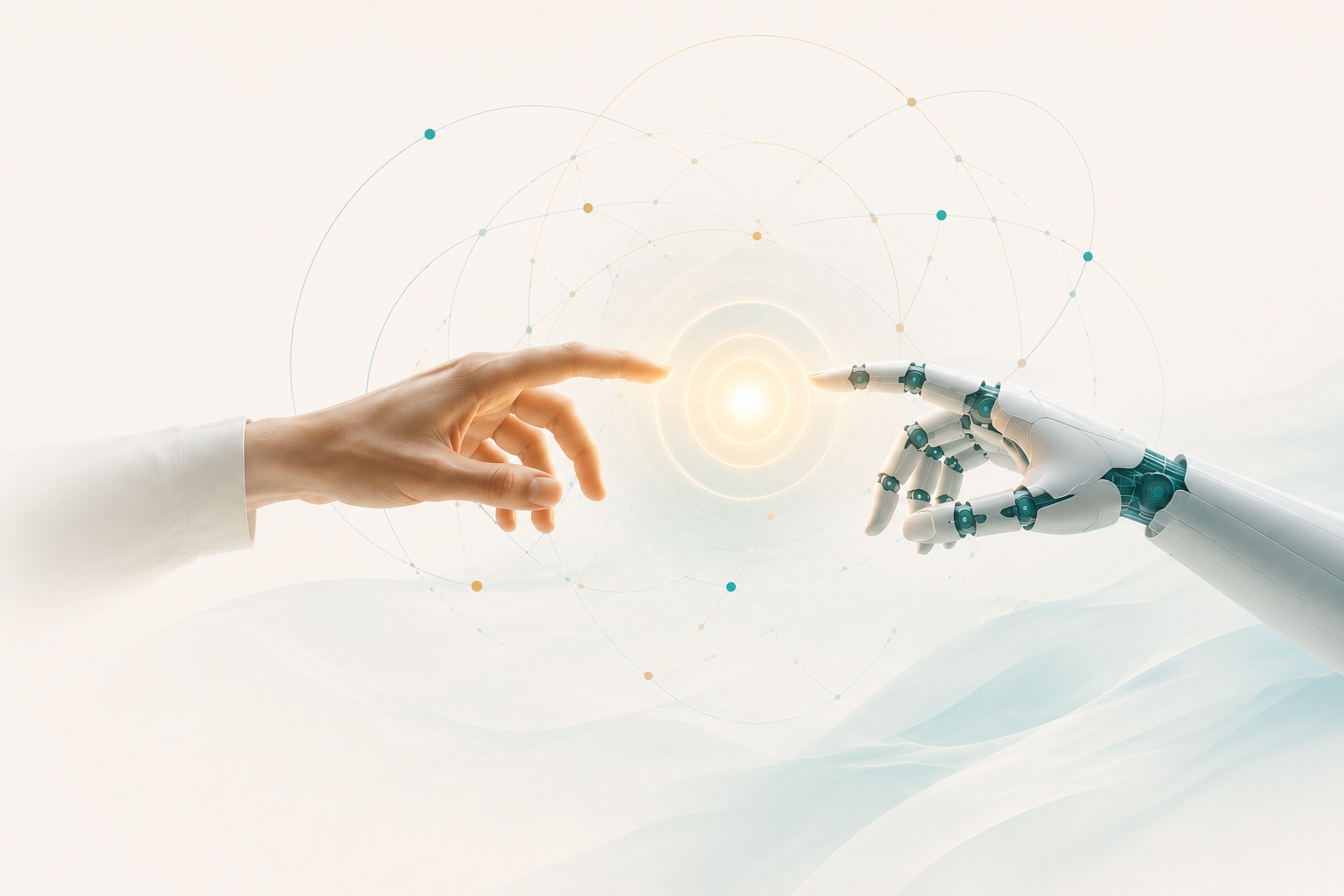 Human hand reaching toward an AI hand across an orbital network