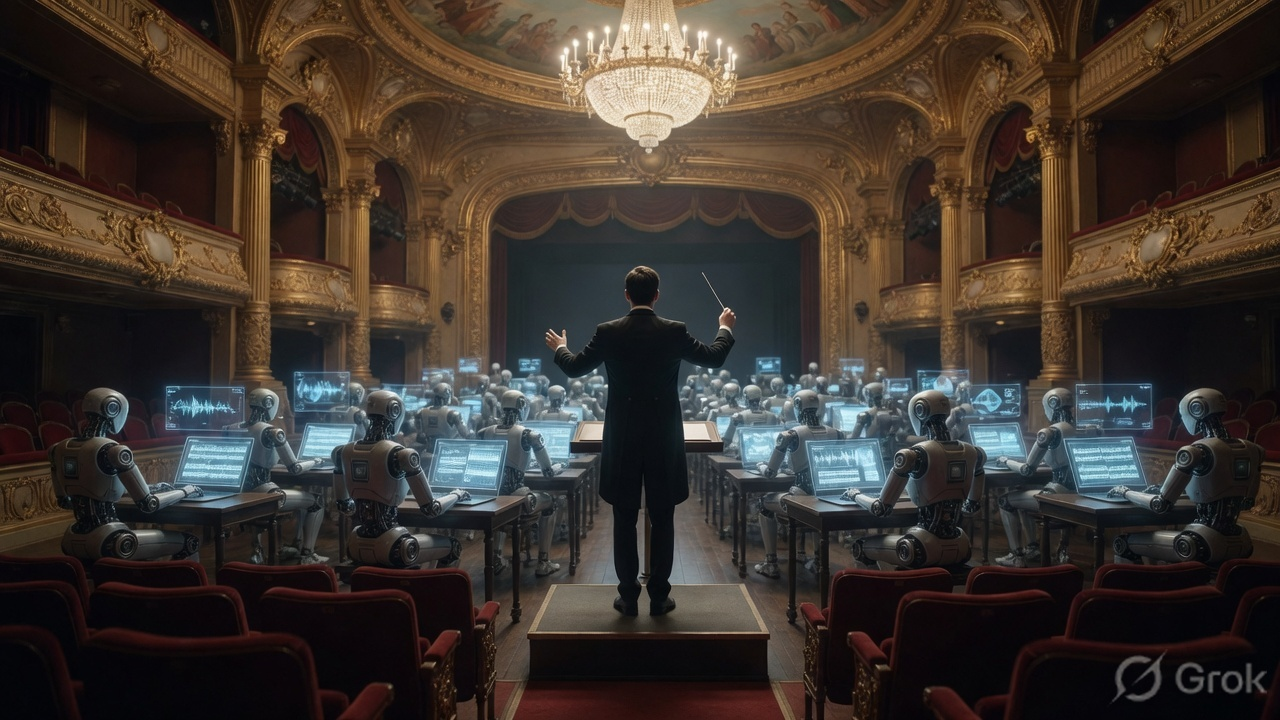 A conductor leading an orchestra of AI agents